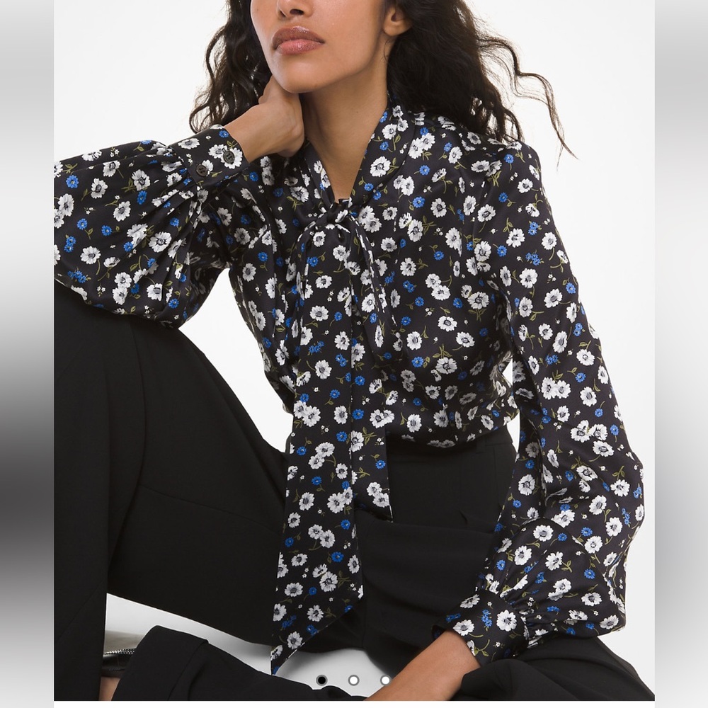 Michael Kors Collection Floral Silk Charmeuse Bow Blouse Size 10